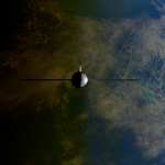 Ilustração de um satélite orbitando a Terra, com oceanos e continentes visíveis ao fundo.