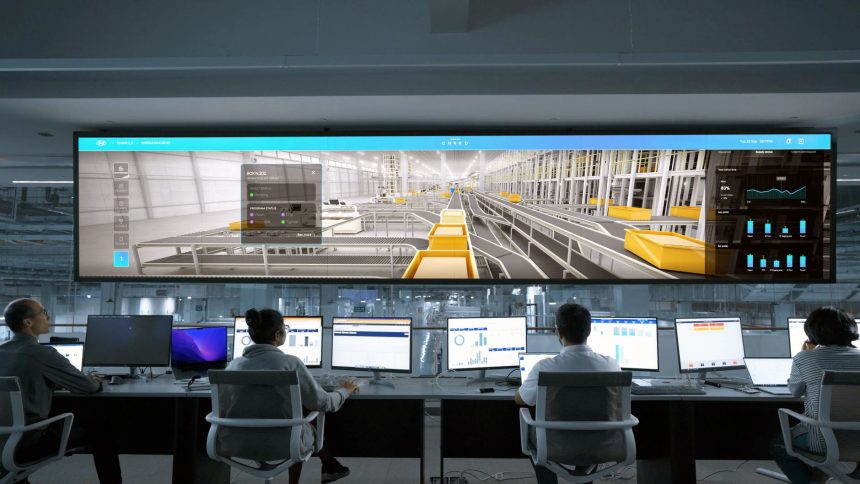 Equipe monitora sistemas digitais e painéis em uma moderna sala de controle.