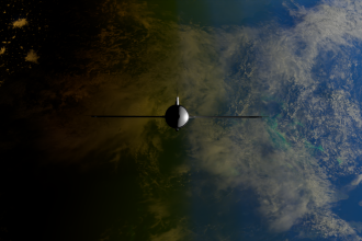 Ilustração de um satélite orbitando a Terra, com oceanos e continentes visíveis ao fundo.