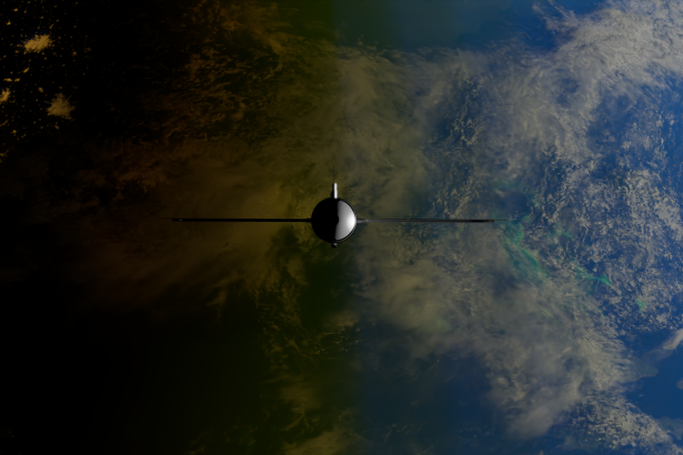 Ilustração de um satélite orbitando a Terra, com oceanos e continentes visíveis ao fundo.