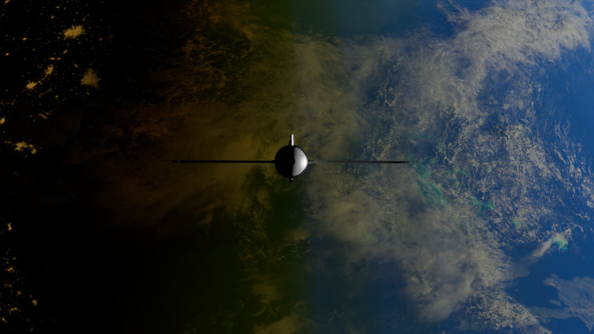 Ilustração de um satélite orbitando a Terra, com oceanos e continentes visíveis ao fundo.